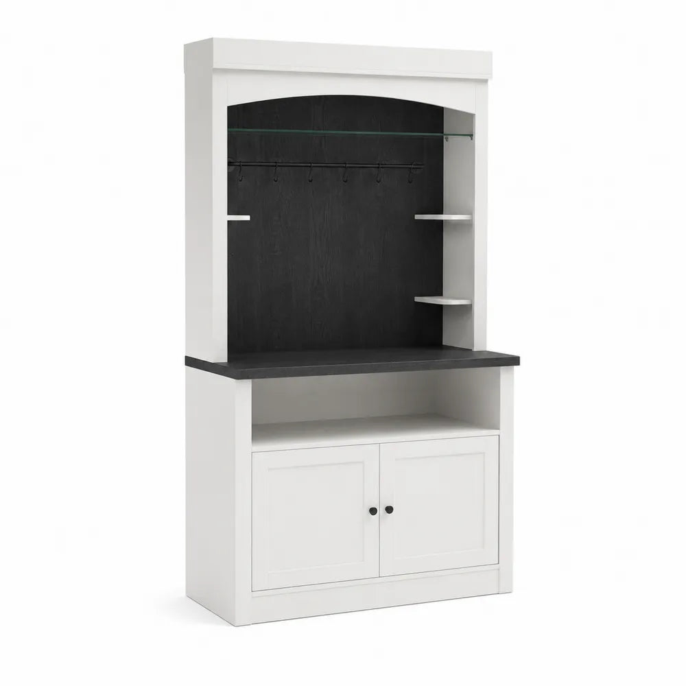 Aparador de Cocina de MDF Blanco y Negro con Estantes de Vidrio Templado