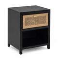 Mesita de noche de madera negra con caj¨®n de mimbre