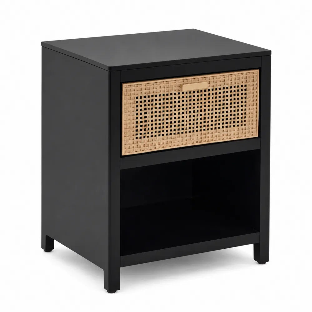 Mesita de noche de madera negra con caj¨®n de mimbre