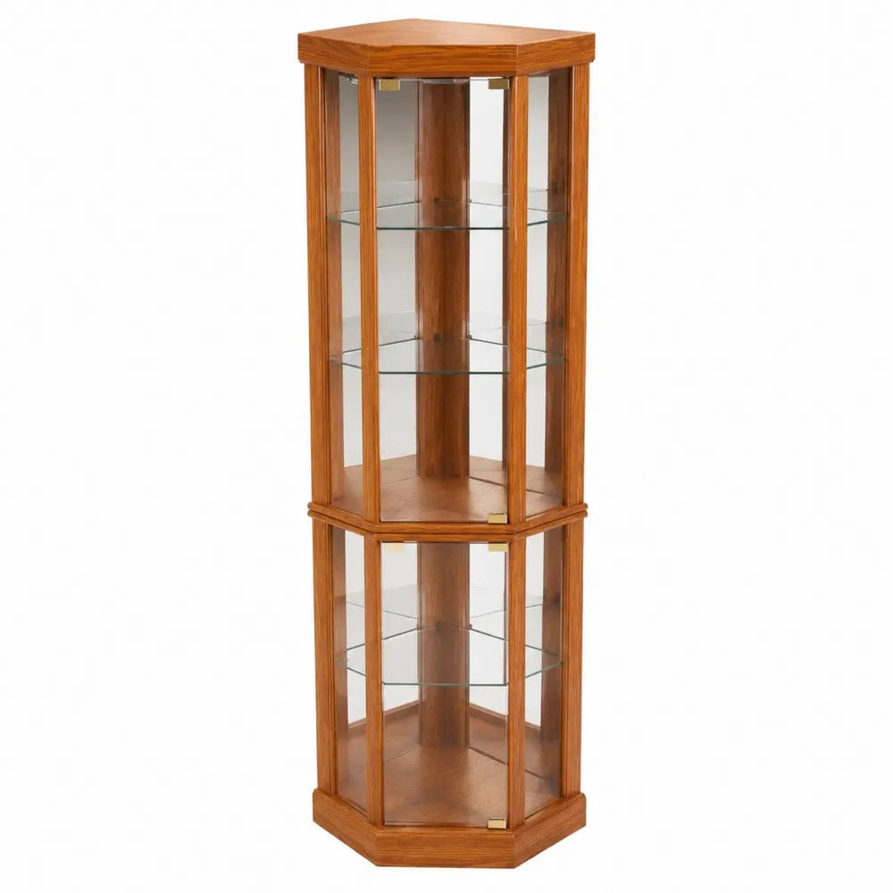 Vitrina esquinera de madera y vidrio templado hexagonal