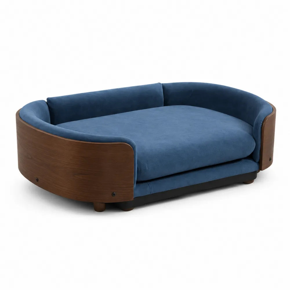 Sof¨¢ cama ovalado de madera y terciopelo azul