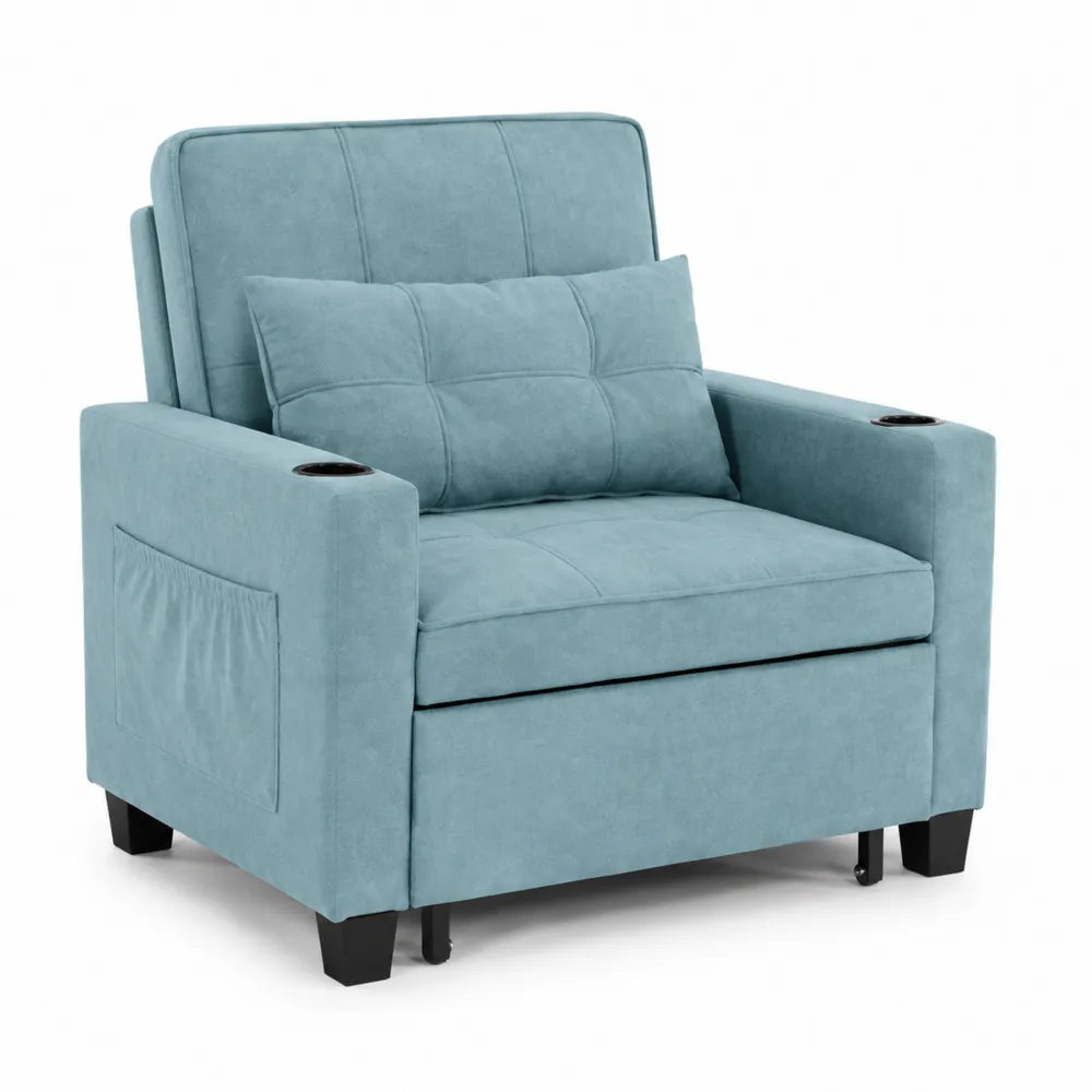 Sof¨¢ cama individual de tela azul con portavasos