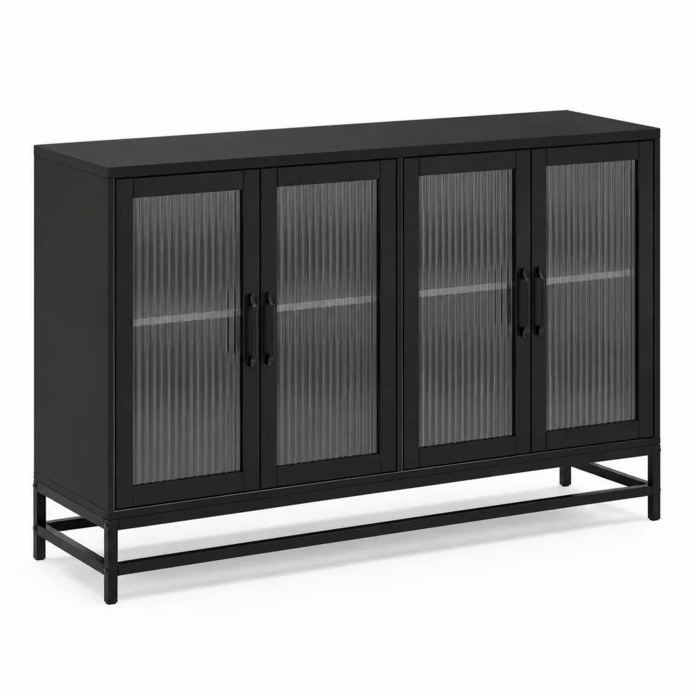 Aparador de metal negro con puertas de vidrio acanalado